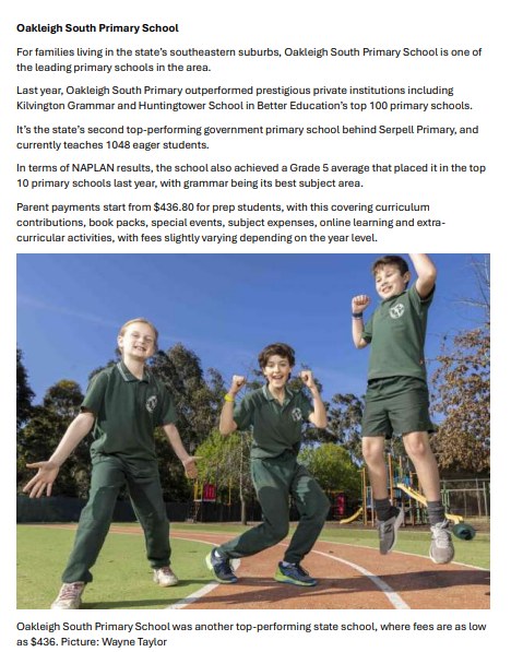 OAKLEIGH SOUTH PS NAMED IN THE TOP 100 SCHOOLS
